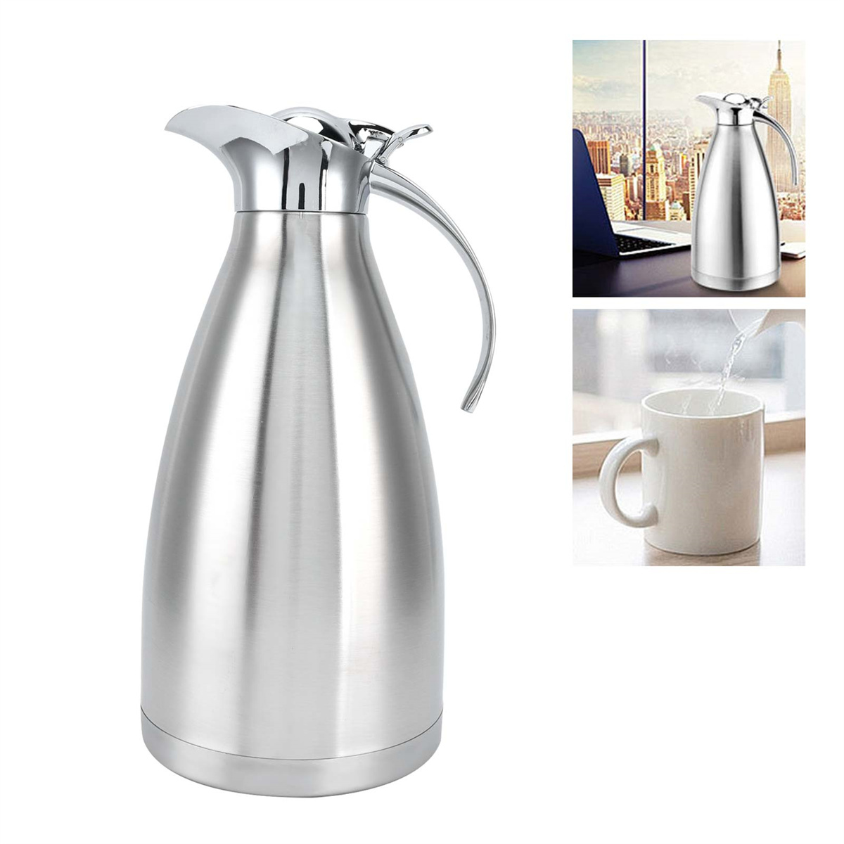 Eine silberne Isolierkanne mit Griff. Es gibt weitere Bilder: eine Kanne auf einem Schreibtisch, eine Tasse, die mit Wasser gefüllt wird.