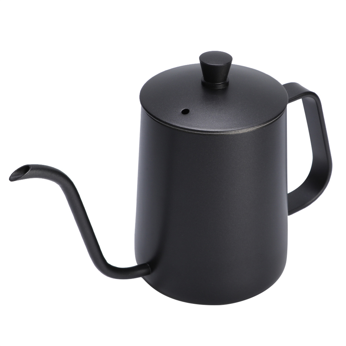 Eine mattschwarze Schwanenhals-Kanne mit langem, gebogenem Ausguss, Griff und Deckel mit kleinem Knauf, vor weißem Hintergrund.
