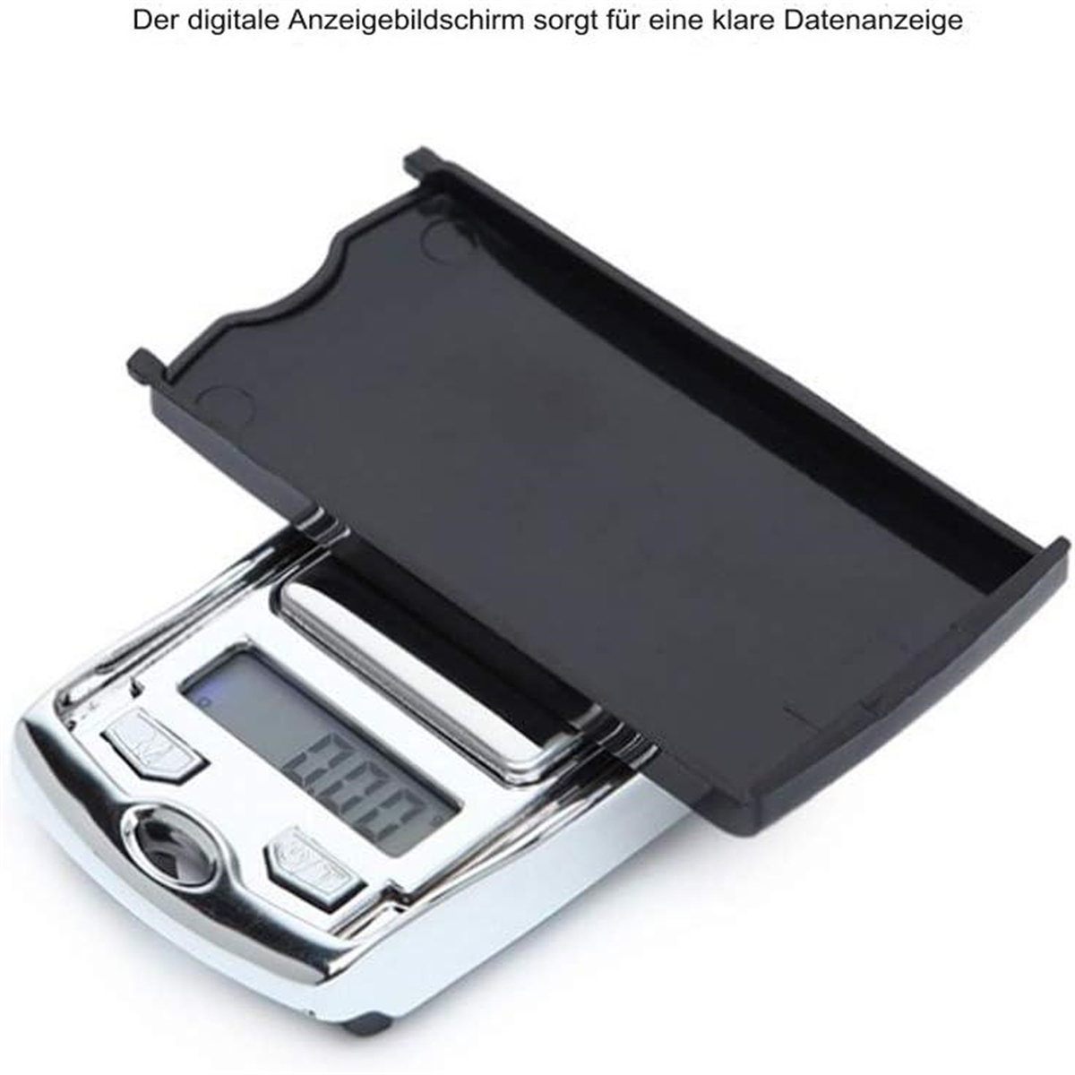 Eine kleine Digitalwaage mit schwarzem Deckel. Das Display der Waage zeigt '000'. Der Deckel ist geöffnet, die Waage ist sichtbar.