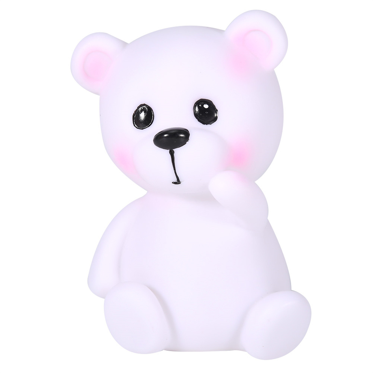 Eine weiße Bärenfigur mit rosa Ohren und Wangen, schwarzen Augen und Nase und einer kleinen Hand unter dem Kinn.