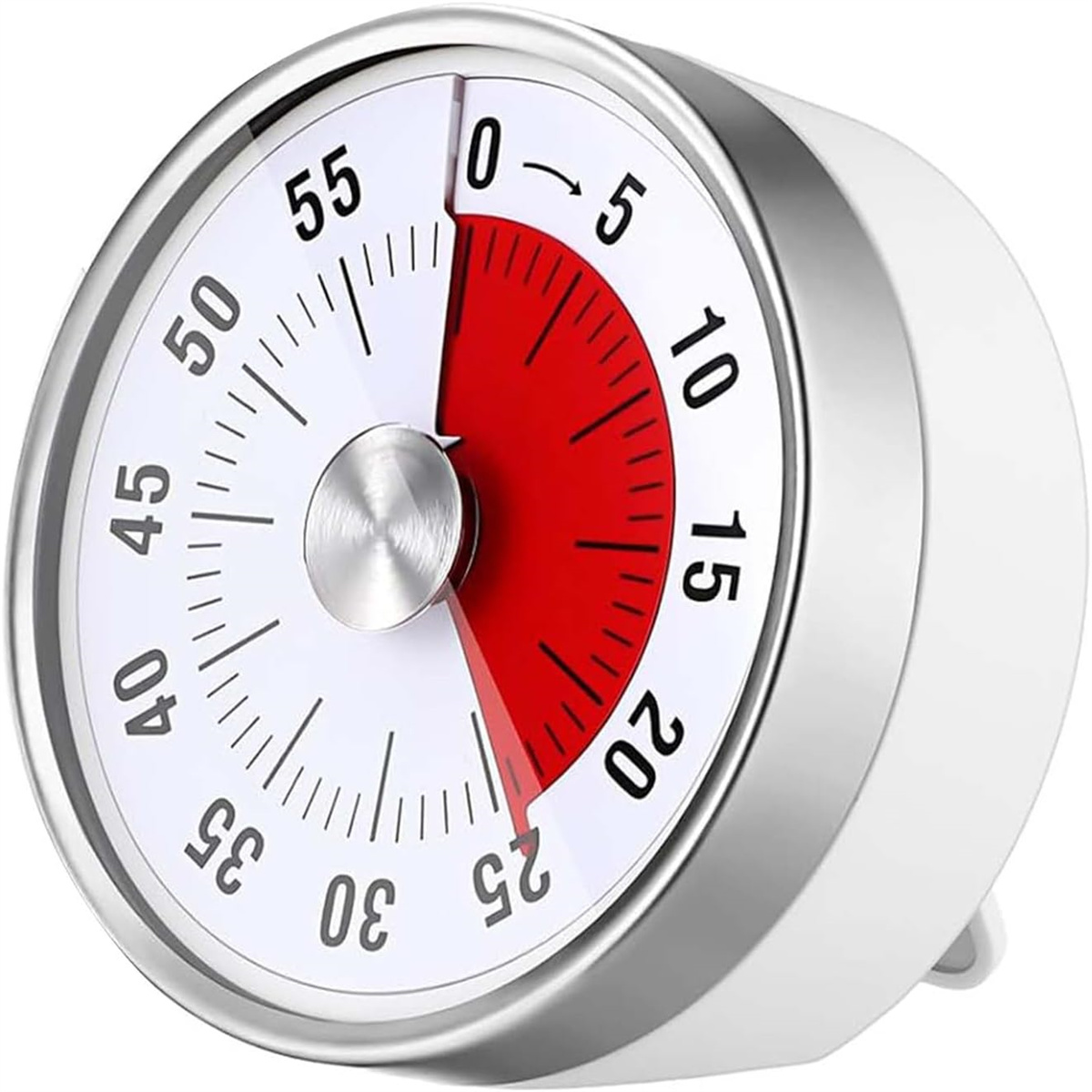 Ein weißer und silberner Küchentimer. Der Timer zeigt die Zeit mit einem roten Abschnitt an. Die Zeit ist auf etwa 23 Minuten eingestellt.