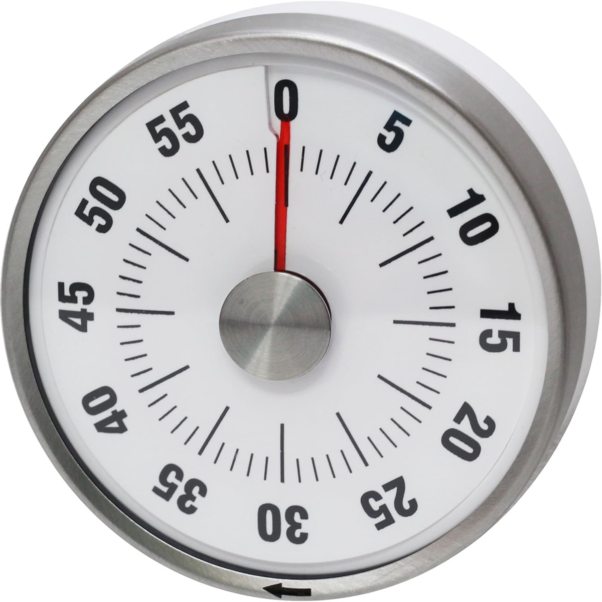 Ein weißer Küchentimer. Er hat einen roten Zeiger, der auf Null zeigt, mit Zahlen um das Zifferblatt. Das Zifferblatt hat einen Metallrahmen.