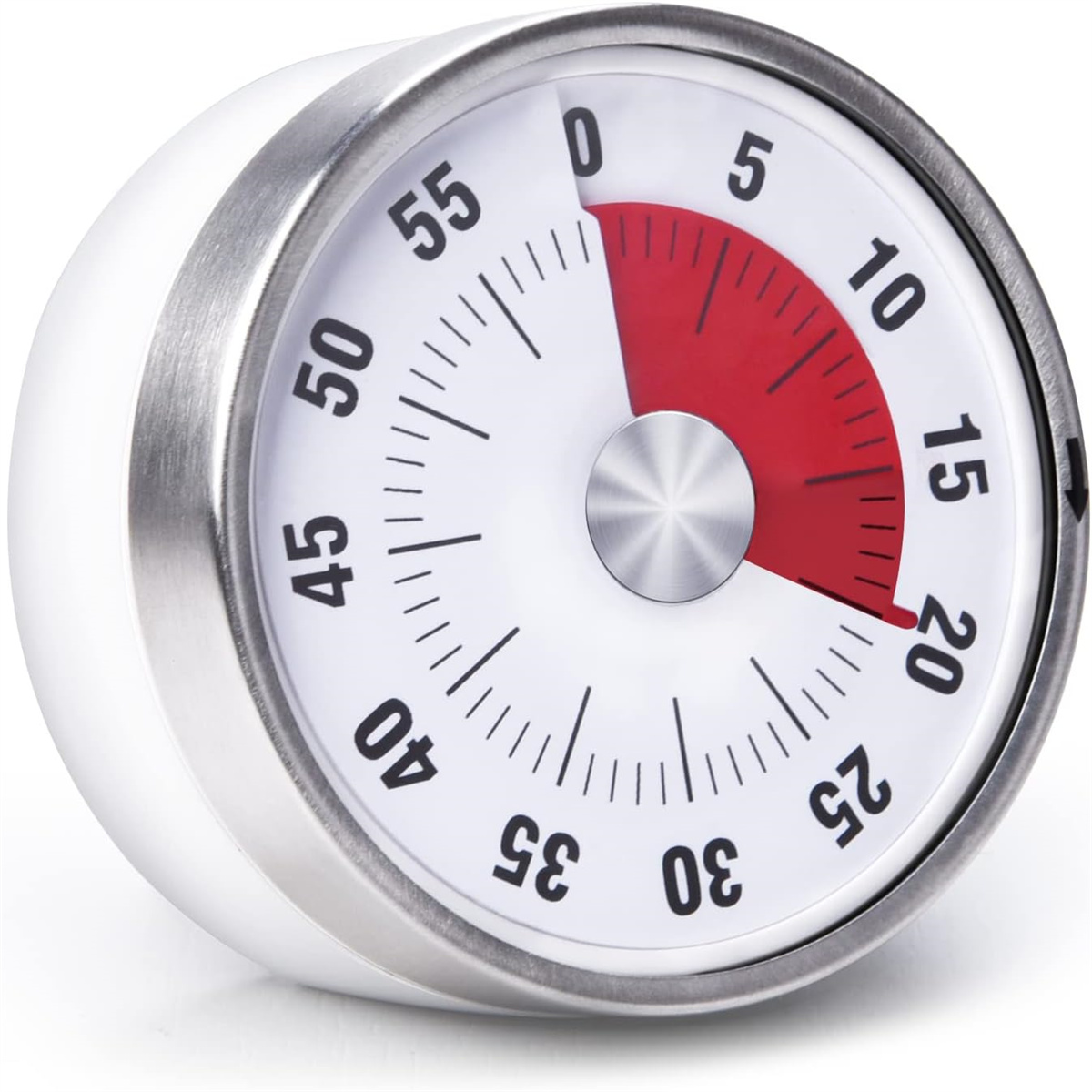 Ein weißer Küchentimer mit einem roten Abschnitt, der die verstrichene Zeit anzeigt. Das Zifferblatt zeigt Zahlen von 0 bis 55. Der Timer hat einen Metallring.