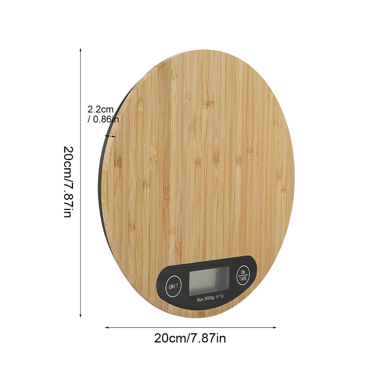 Eine Küchenwaage aus Holz mit Digitalanzeige. Abmessungen von 20 cm. Sie hat Tasten für Einheit und Tara und zeigt eine Tragfähigkeit von 5000 g an.