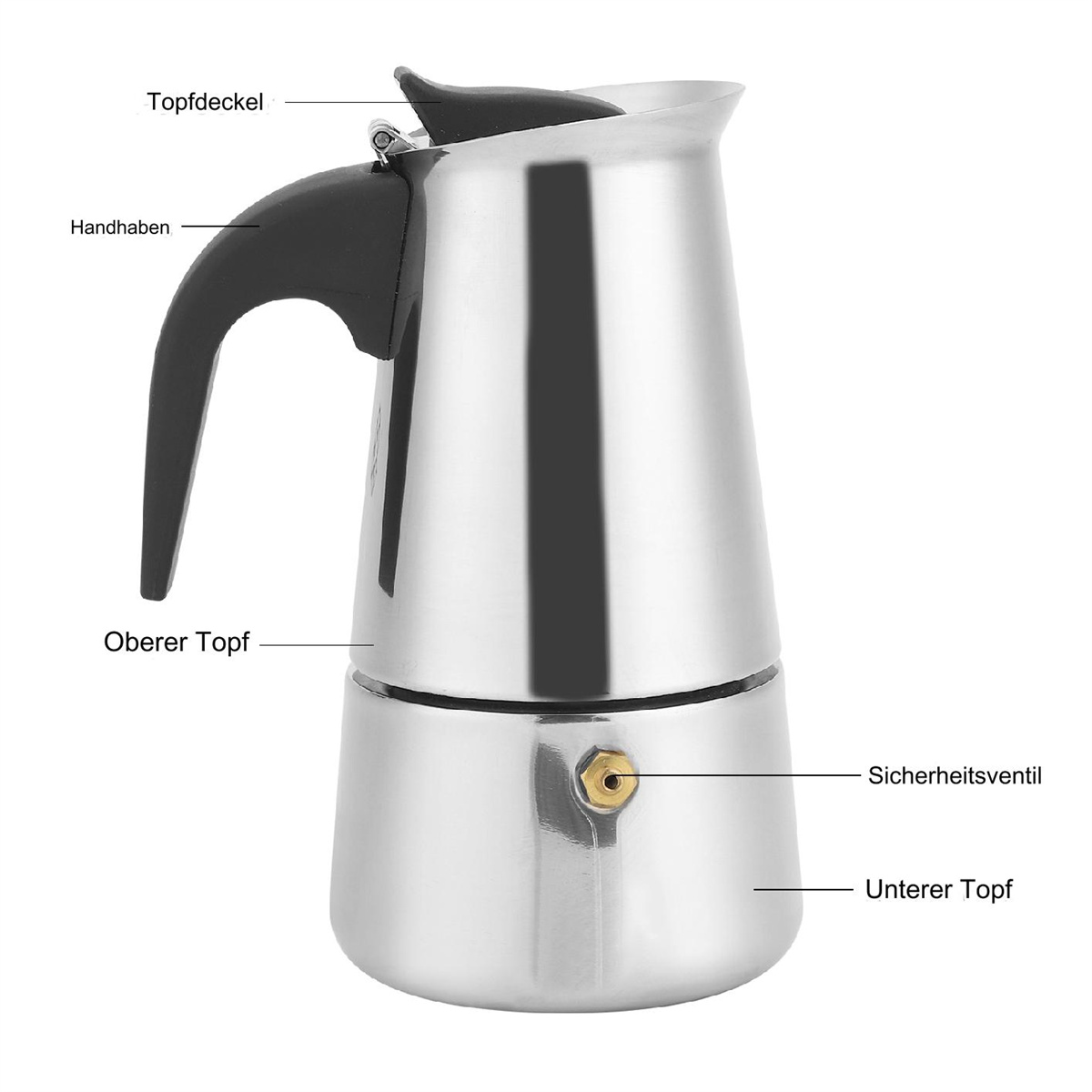 Ein Edelstahl-Espressokocher für den Herd. Er hat einen schwarzen Griff und Deckel, mit Etiketten, die auf seine Teile zeigen. Der Hintergrund ist schlicht.