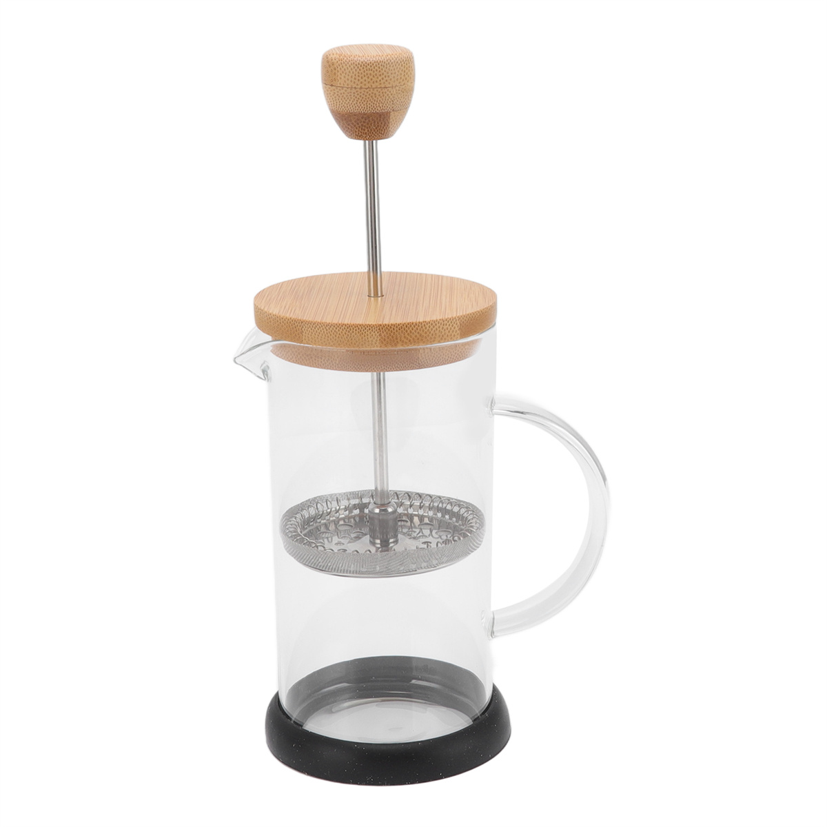 Transparente Glas-French-Press mit Holzdeckel und Griff. Edelstahl-Kolben. Schwarzer Sockel und Holzknopf oben.