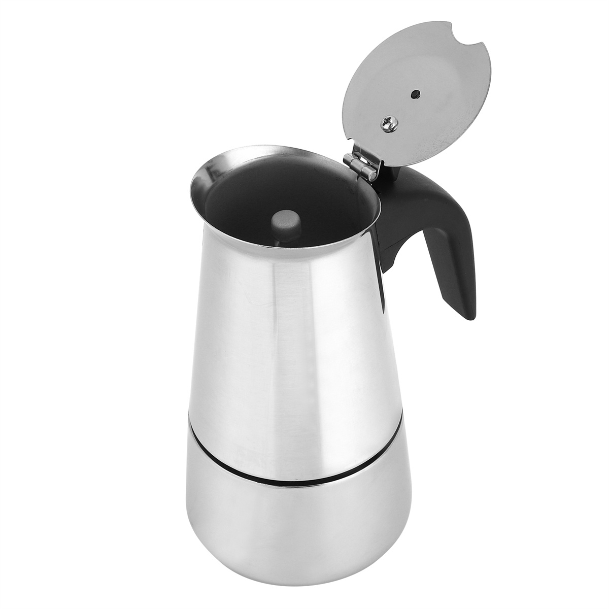 Ein Espressokocher aus Edelstahl mit offenem Deckel. Er hat einen schwarzen Griff und steht auf weißem Hintergrund.
