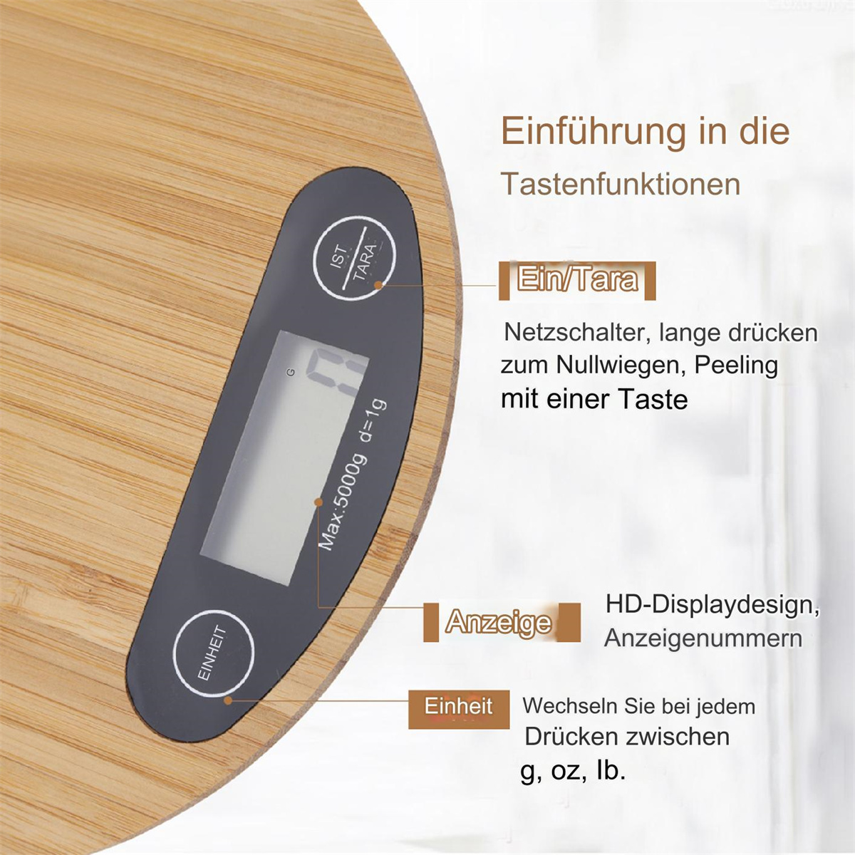 Eine digitale Küchenwaage mit Holzoberfläche. Sie hat ein Display, das das Gewicht anzeigt, und Tasten für Einheiten und Tara-Funktionen.