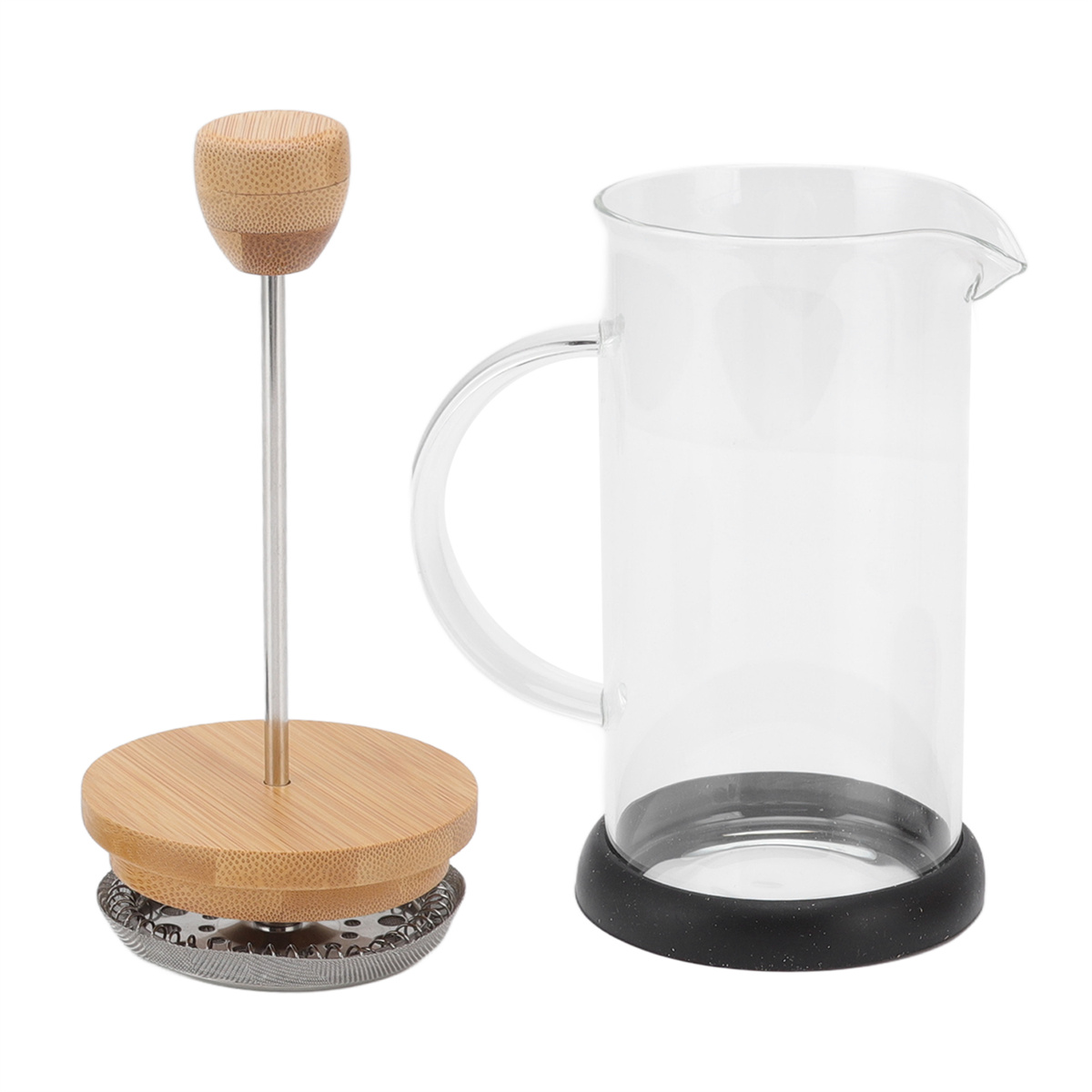 Eine French-Press-Kaffeemaschine. Enthält eine Glaskaraffe, eine Holzpresse mit Metallfilter und einen Holzknopf.