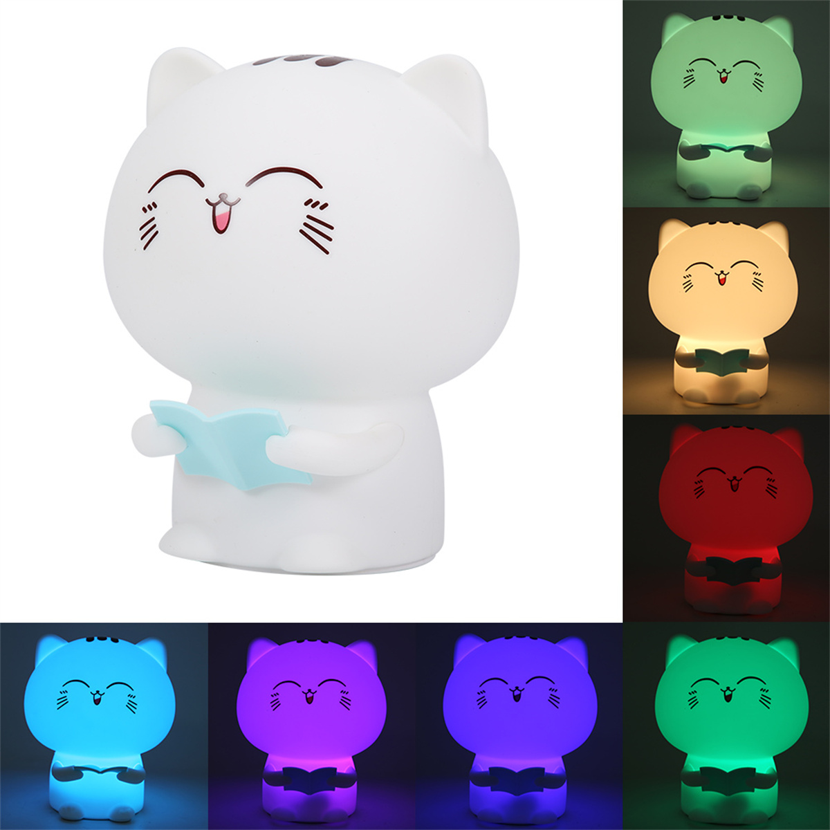 Eine weiße katzenförmige Lampe, die ein blaues Buch liest. Gezeigt werden auch verschiedenfarbige Lampen, darunter grün, rot und blau.