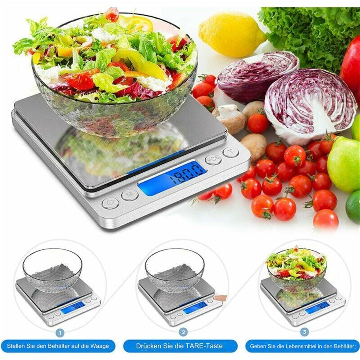 Eine digitale Waage mit einer Salatschüssel. Gemüse wie Tomaten, Salat und Kohl umgeben die Waage.
