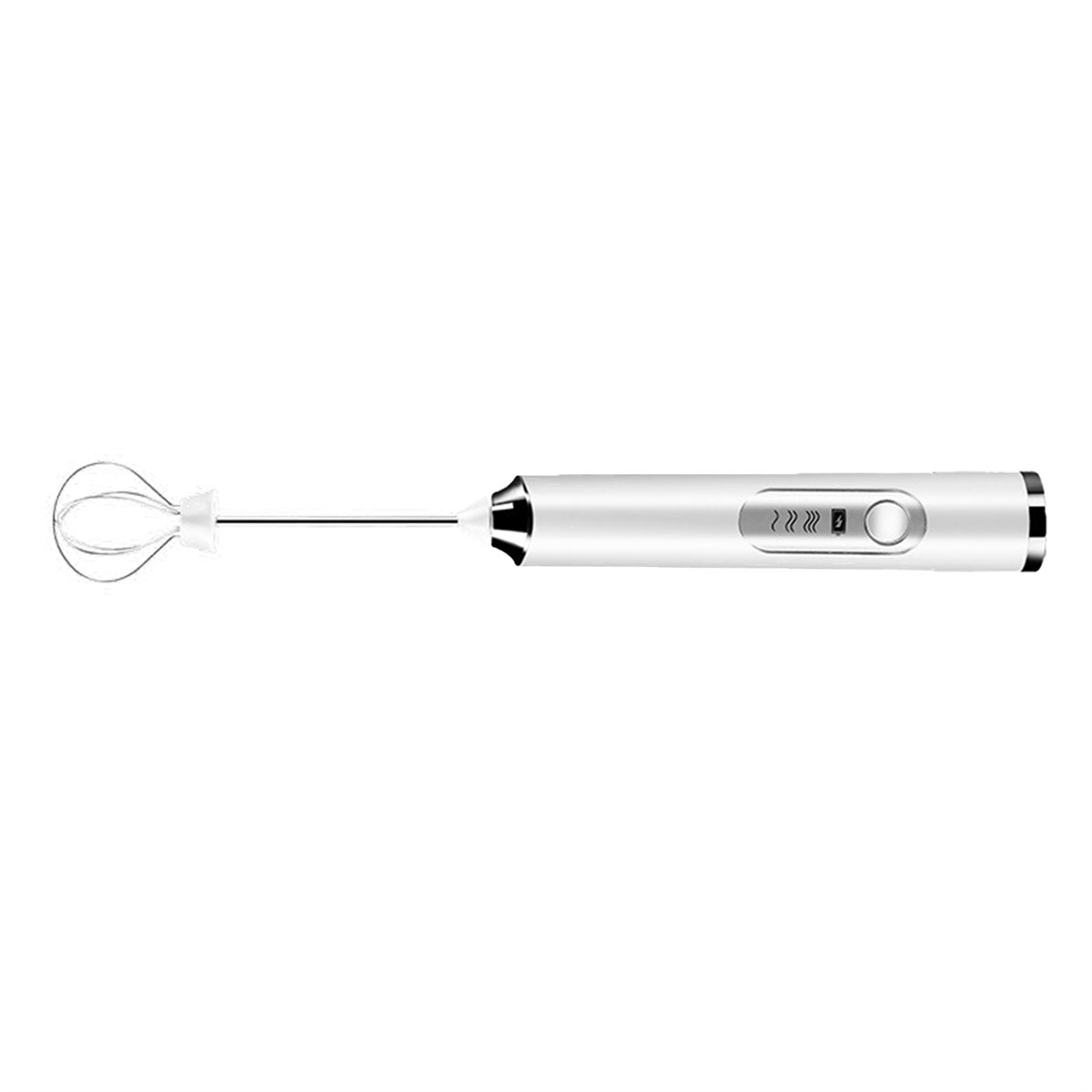 Ein weißer und silberner elektrischer Handmixer mit Schneebesenaufsatz, vor weißem Hintergrund. Er hat Geschwindigkeitseinstellungen und einen Ein-/Ausschalter.