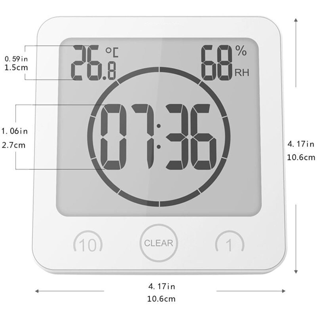 Ein digitaler Timer zeigt 26,8 °C, 68 % RH und 07:36 an. Er hat Clear-, 1- und 10-Tasten mit Größenangaben in Zoll und Zentimetern.