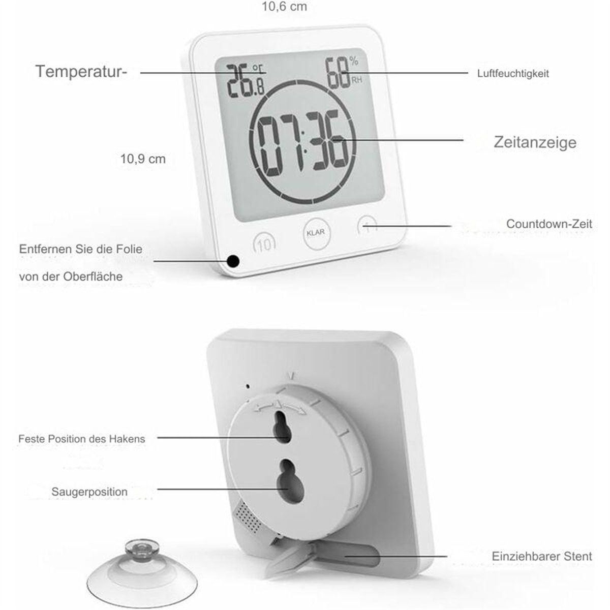 Ein weißer digitaler Timer zeigt Temperatur, Luftfeuchtigkeit und Zeit an. Er hat einen Saugnapf und einen Haken zur Montage. Klare Folie vorn.