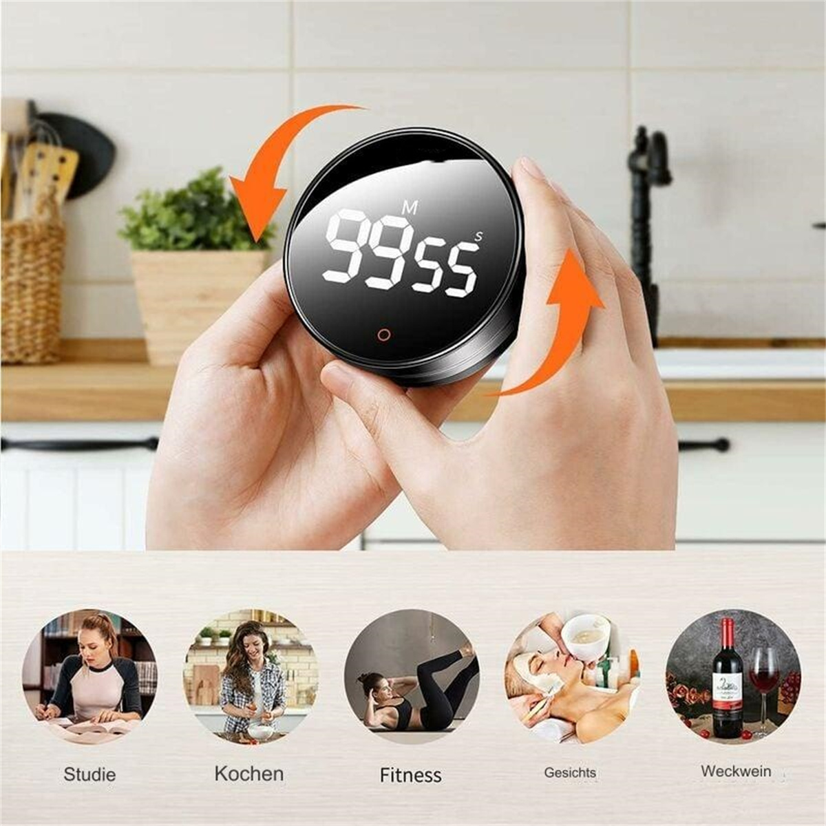 Eine Person hält einen schwarzen Digitaltimer mit der Anzeige 99:55. Pfeile zeigen die Funktion an. Symbole zeigen Lernen, Kochen, Fitness, Gesicht und Wein.