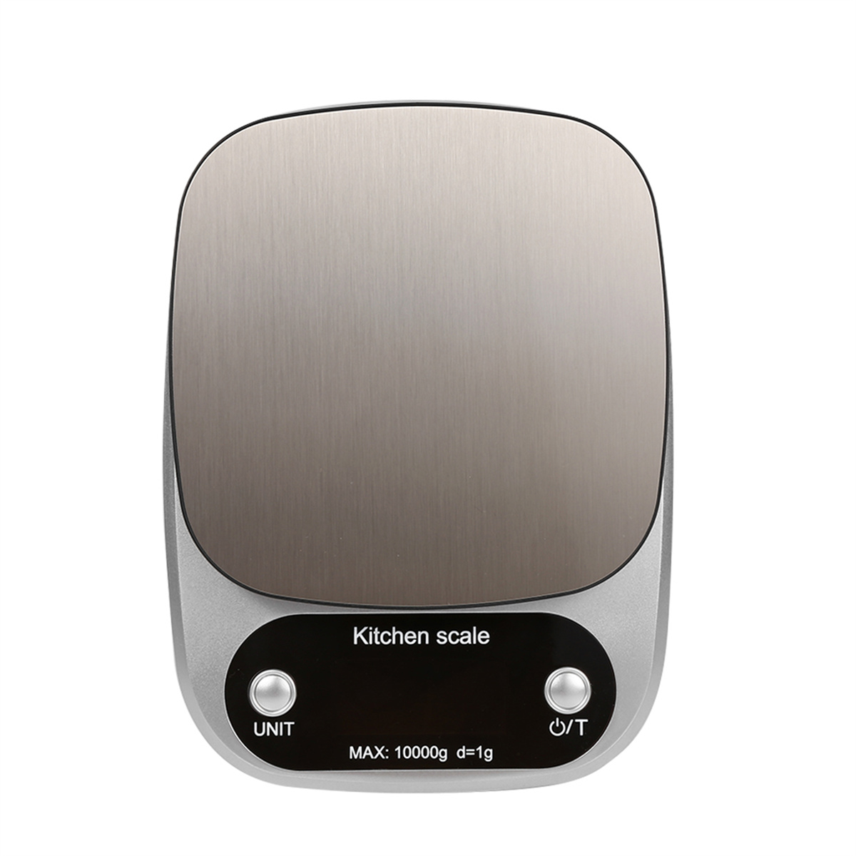Eine silberne Küchenwaage mit schwarzem Display. Sie hat Knöpfe mit der Aufschrift UNIT und Power/Tare. Auf der Waage steht 'Kitchen scale' und 'MAX: 10000g d=1g'.