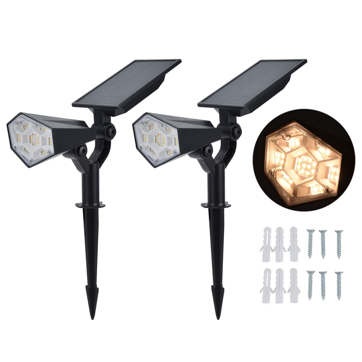 Zwei Solar-Strahler mit schwarzen Rahmen und Solarpanels. Enthält eine detaillierte Ansicht der beleuchteten LED-Leuchten, Schrauben und Wandanker.