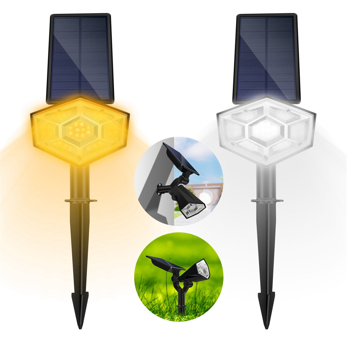 Zwei Solar-Gartenleuchten. Eine gelb beleuchtet, die andere weiß. Insets zeigen die Lichter an einer Wand und im Gras.