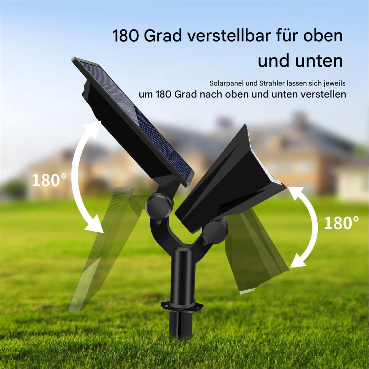 Eine schwarze Solarleuchte mit Panel und Scheinwerfer, bis zu 180 Grad verstellbar, auf grünem Rasen mit verschwommenem Hintergrund.