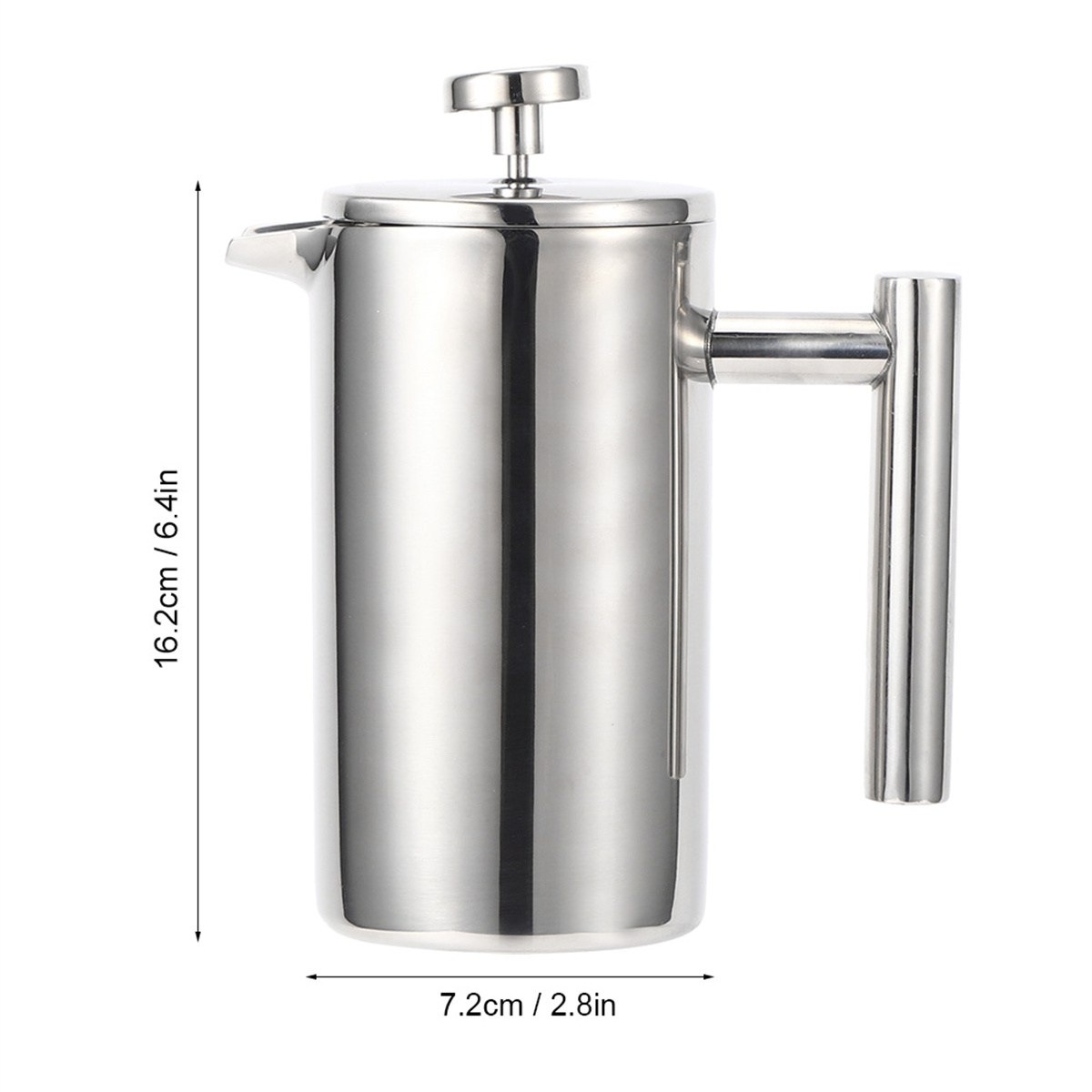 Ein französischer Kaffeebereiter aus Edelstahl mit Griff, Ausguss und Deckel. Abmessungen: 16,2 cm hoch und 7,2 cm breit.