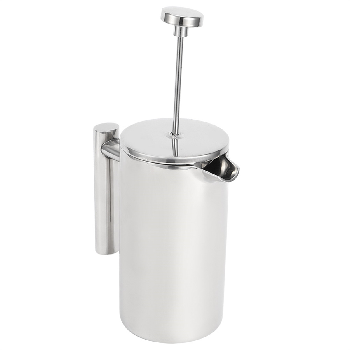 Ein French-Press-Kaffeebereiter aus Edelstahl. Er hat einen zylindrischen Körper, einen Deckel mit einem Stößel und einen Griff. Der Hintergrund ist weiß.
