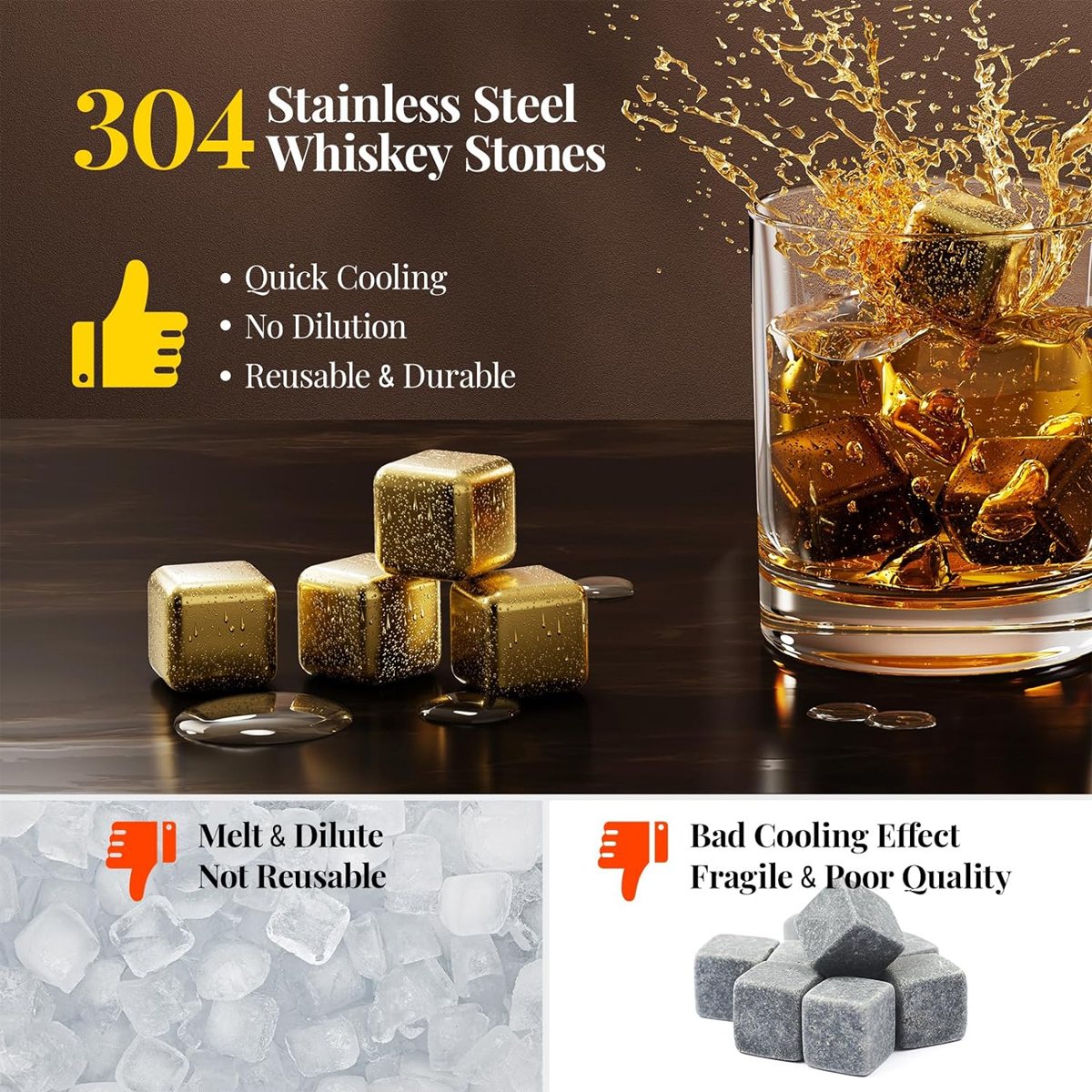 Das Bild zeigt Whisky-Steine mit einem Glas Whisky. Text wirbt für schnelles Kühlen, keine Verdünnung und wiederverwendbare Steine. Enthält 'schmelzen & verdünnen' und 'schlechte Kühlung'.