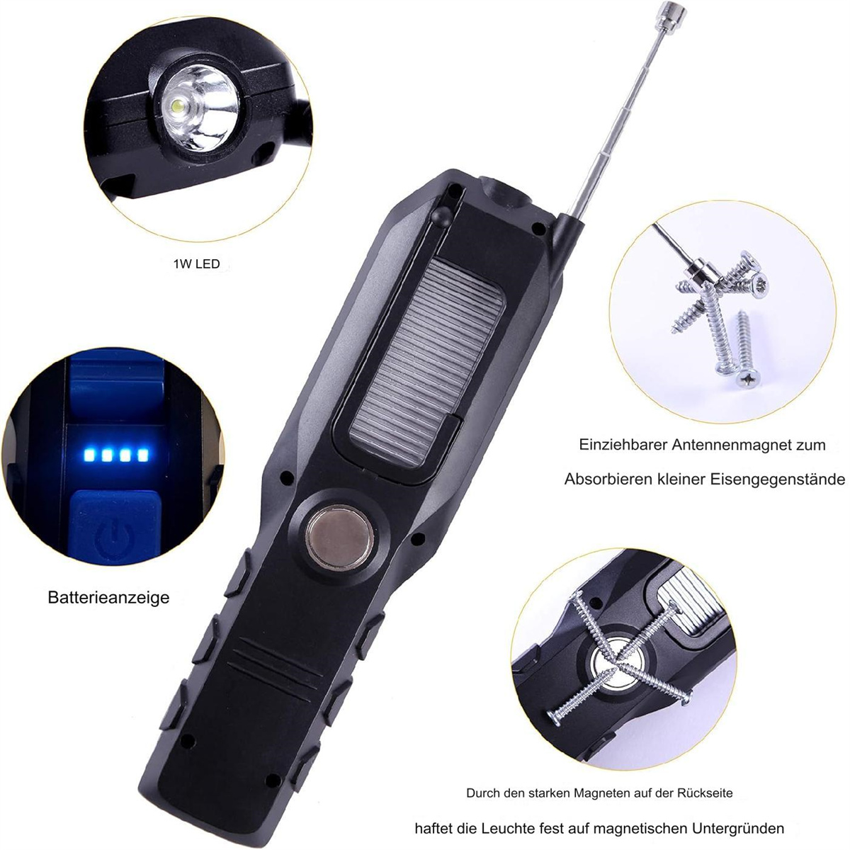 Schwarze Arbeitsleuchte mit LED und Batteriestandsanzeige. Sie hat eine Magnetantenne und wird mit Schrauben gezeigt. Die Leuchte haftet an magnetischen Oberflächen.