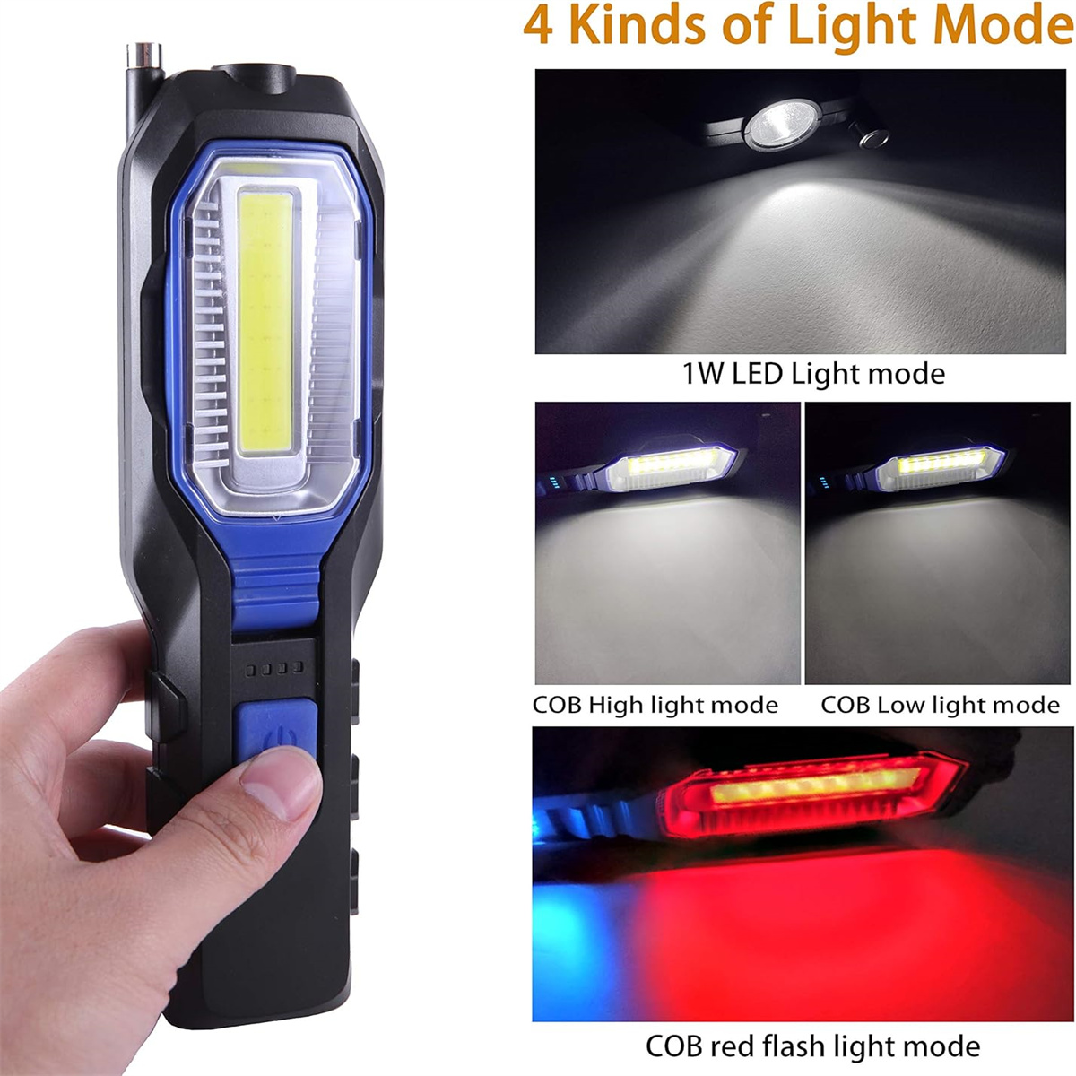 Eine Hand hält eine schwarz-blaue Taschenlampe. Vier Lichtmodi werden gezeigt: 1W LED, COB hoch, COB niedrig und COB roter Blitz.