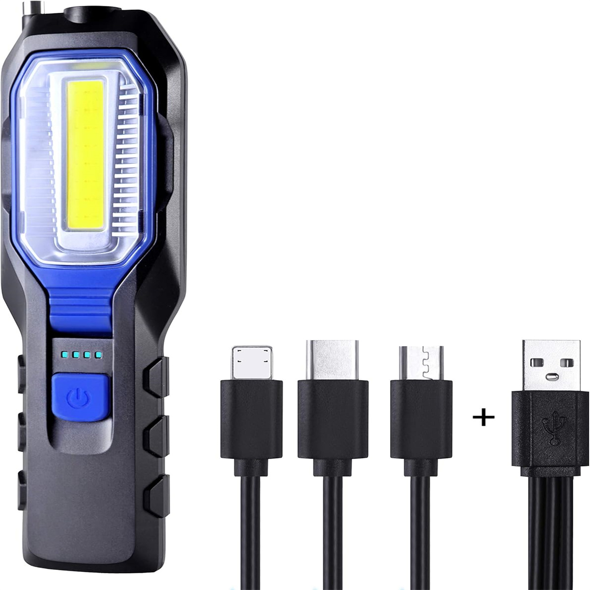 Eine schwarze und blaue LED-Arbeitsleuchte mit Ladekabeln. Die Leuchte hat einen Power-Knopf und eine Batterieanzeige. Kabel umfassen USB und andere Typen.