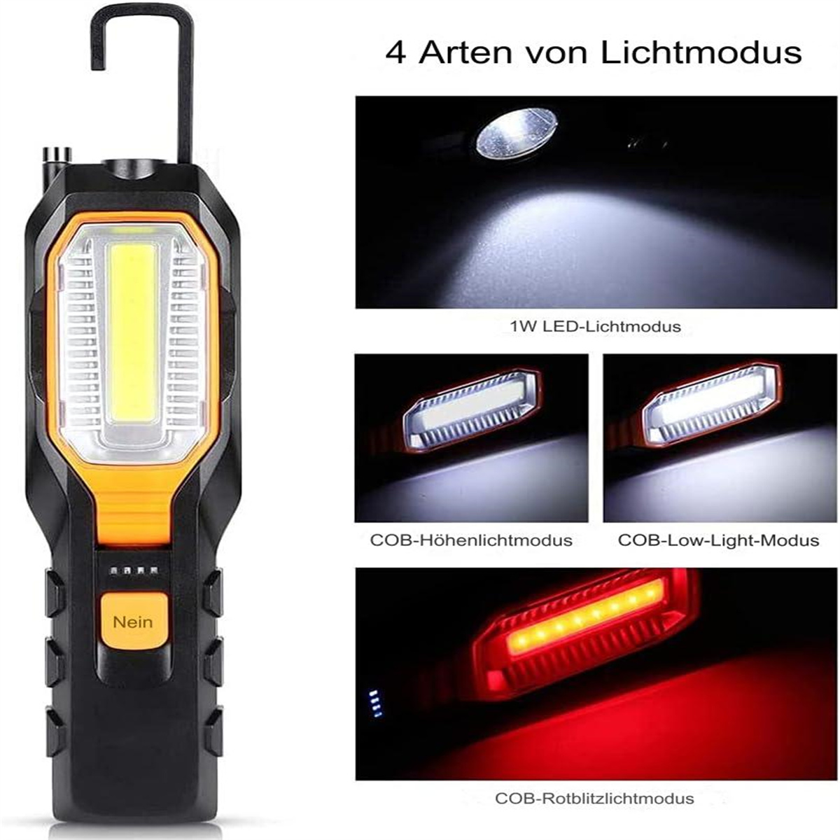 Eine schwarz-orangefarbene Arbeitsleuchte mit verschiedenen Lichtmodi. Enthält ein weißes LED-Licht und rote Blinklichtoptionen.