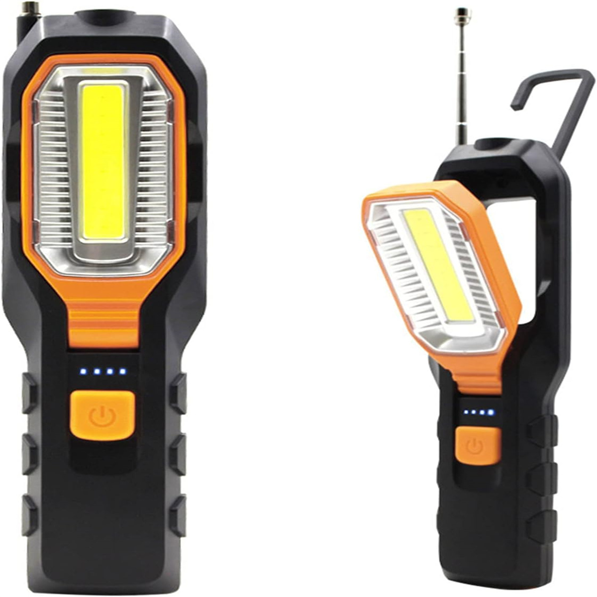 Zwei schwarz-orangefarbene Arbeitsleuchten auf weißem Hintergrund. Eine mit Licht an, die andere mit Haken und Antenne.