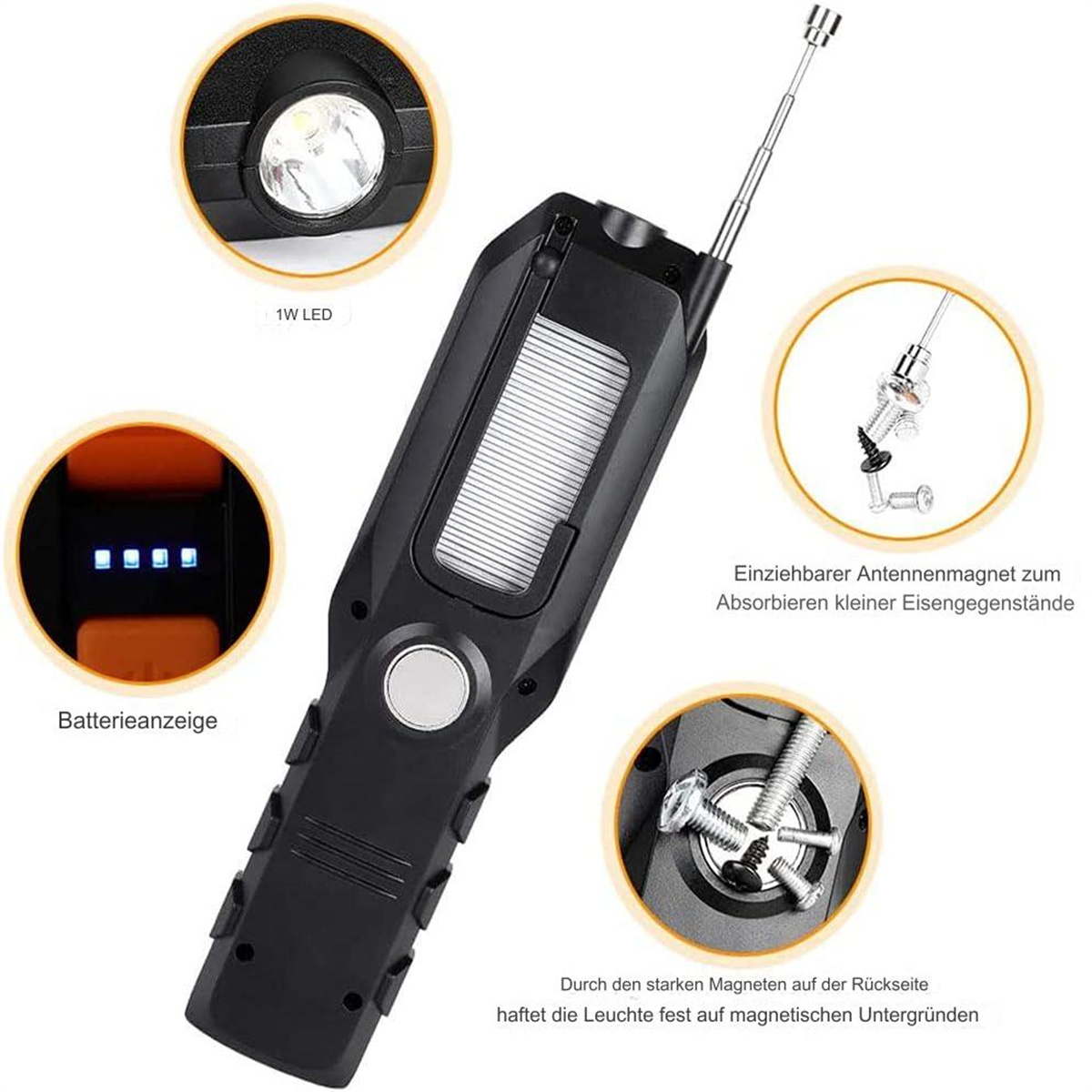 Schwarze LED-Arbeitsleuchte mit Antenne und Batterieanzeige. Verfügt über einen Magnetfuß und detaillierte Nahaufnahmen.