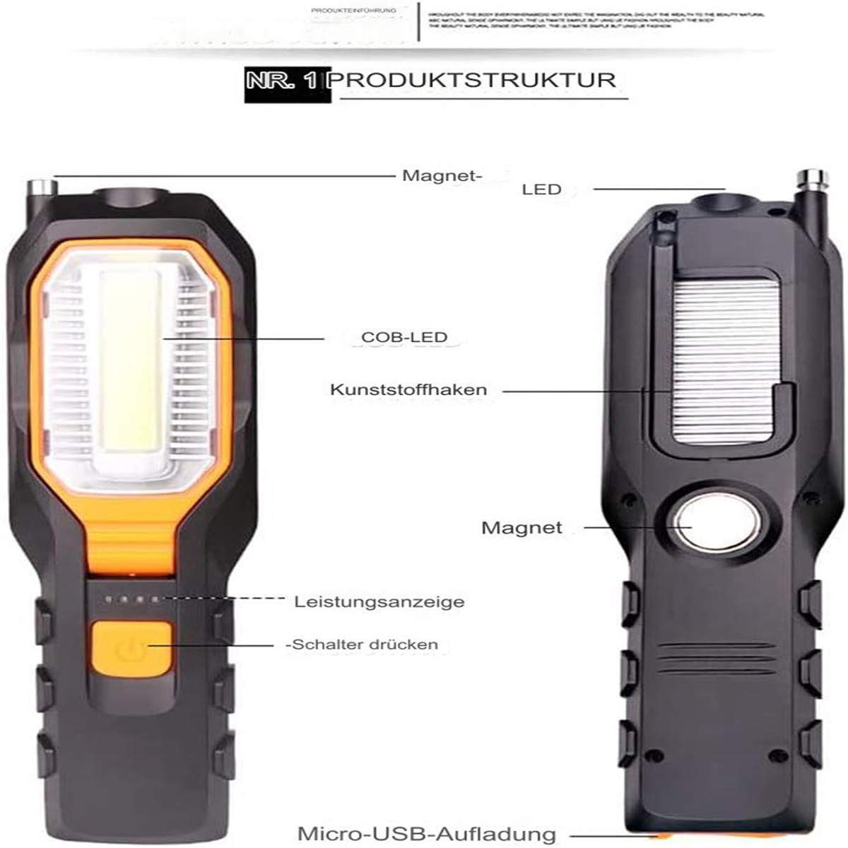 Eine schwarz-orangefarbene Arbeitsleuchte mit Etiketten: LED, COB-LED, Kunststofhaken, Leistungsanzeige und Micro-USB-Aufladung.
