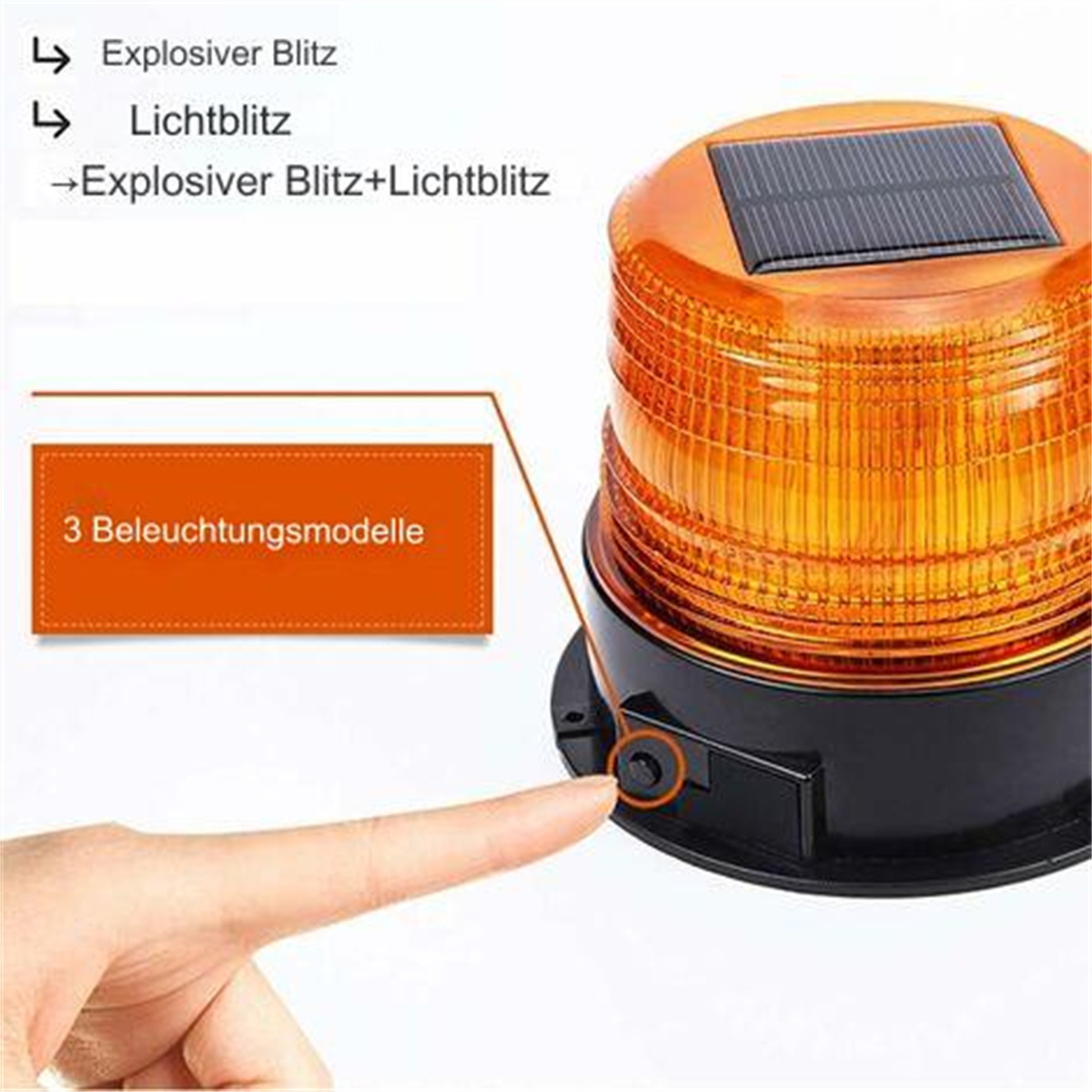 Ein orangefarbenes Warnlicht mit Solarpanel oben. Ein Finger zeigt auf einen Knopf an der schwarzen Basis. Text-Labels sind vorhanden.