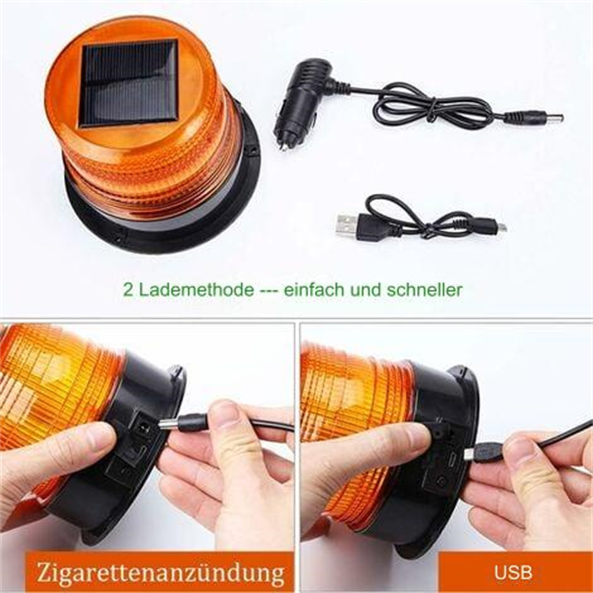Ein orangefarbenes Warnlicht mit Solarpanel, Ladekabeln und zwei Lademethoden: Zigarettenanzünder und USB.