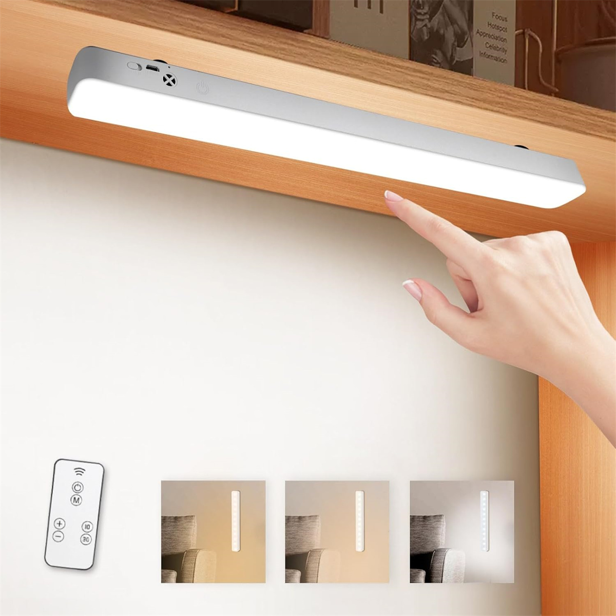 Eine Hand berührt eine LED-Lichtleiste. Eine Fernbedienung und drei Lichtmuster werden angezeigt. Das Licht ist unter einem Holzregal installiert.