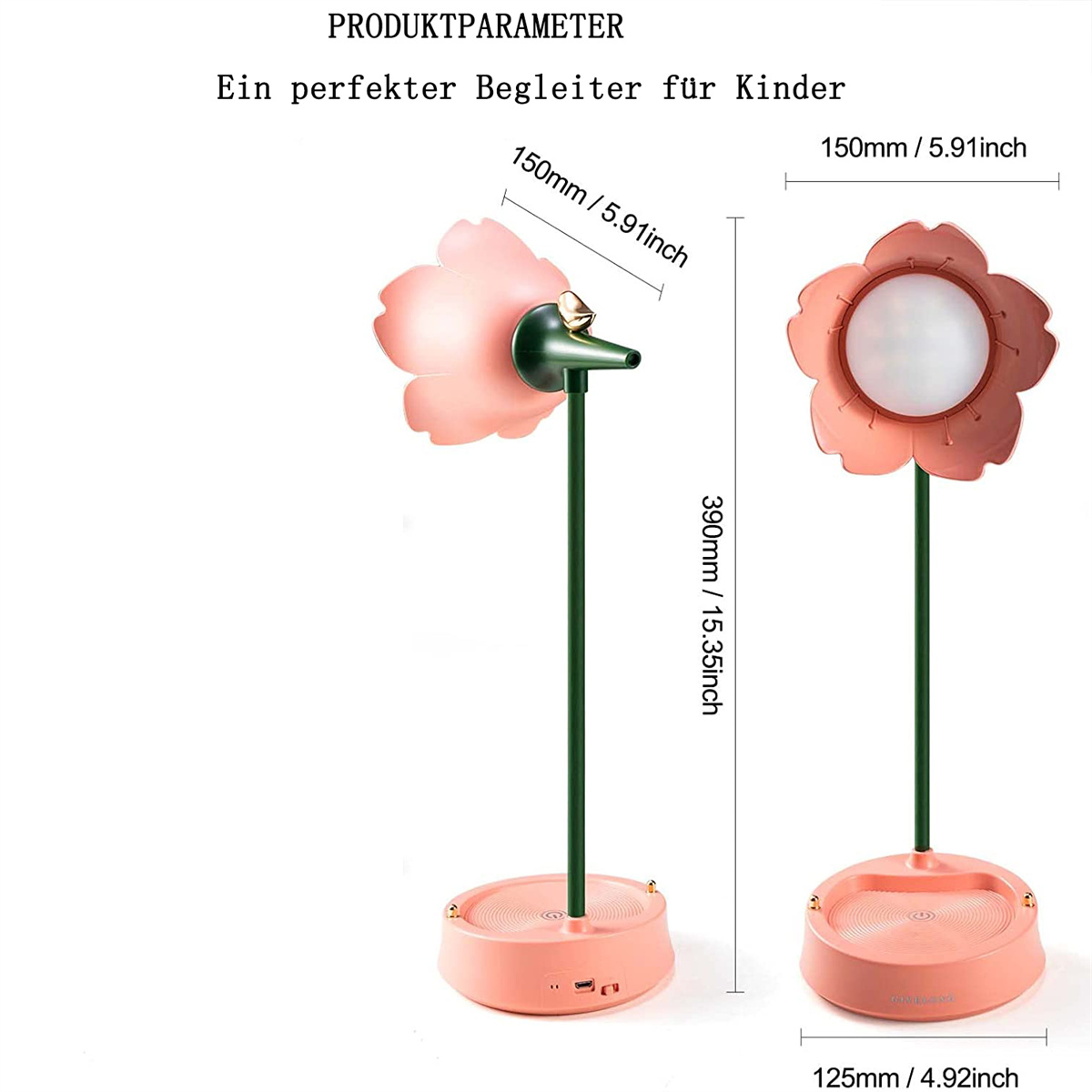 Eine rosa blütenförmige Lampe mit grünem Stiel und rundem rosa Sockel. Abmessungen sind in Millimetern und Zoll angegeben.