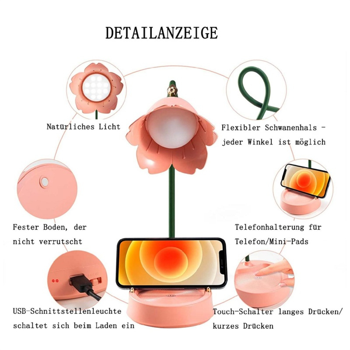 Rosa Schreibtischlampe mit Blumenmuster, flexiblem Hals, Telefonhalter, Berührungsschalter und USB-Ladeanschluss.