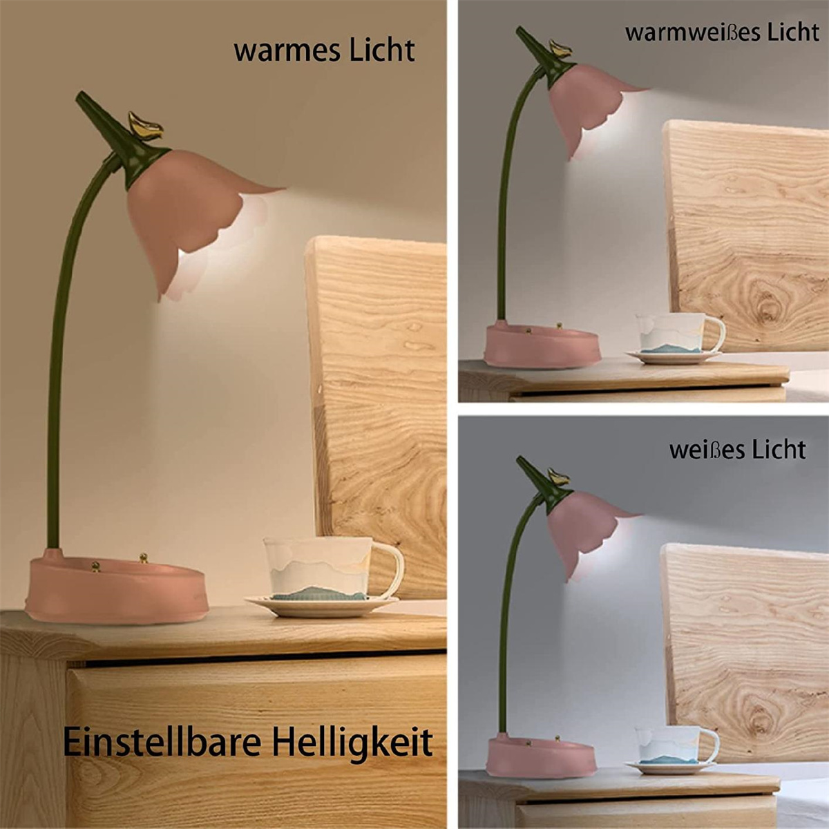 Eine rosa blumenförmige Lampe beleuchtet eine Tasse und eine Holzoberfläche. Der Text zeigt einstellbare Helligkeit und Lichteinstellungen.