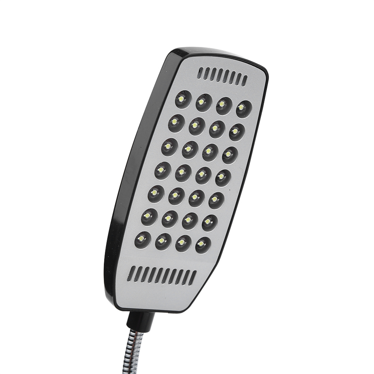 LED-Lampe mit vielen kleinen Lichtern. Sie ist silber und schwarz, mit einem flexiblen Hals. Der Hintergrund ist weiß.