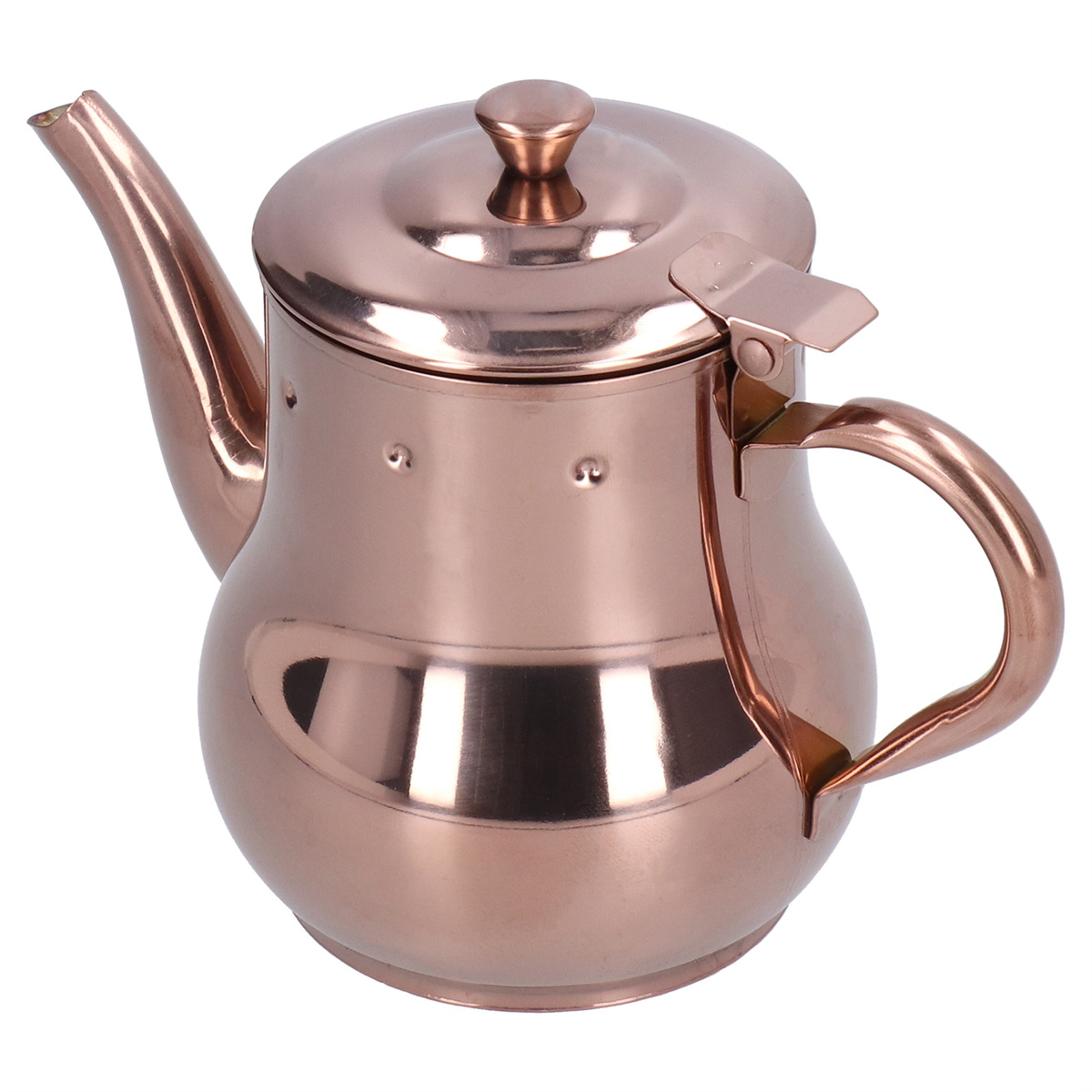 Eine glänzende Kupferteekanne mit Deckel, Griff und Ausguss. Sie hat einen gebogenen Griff und einen kleinen Knopf auf dem Deckel.