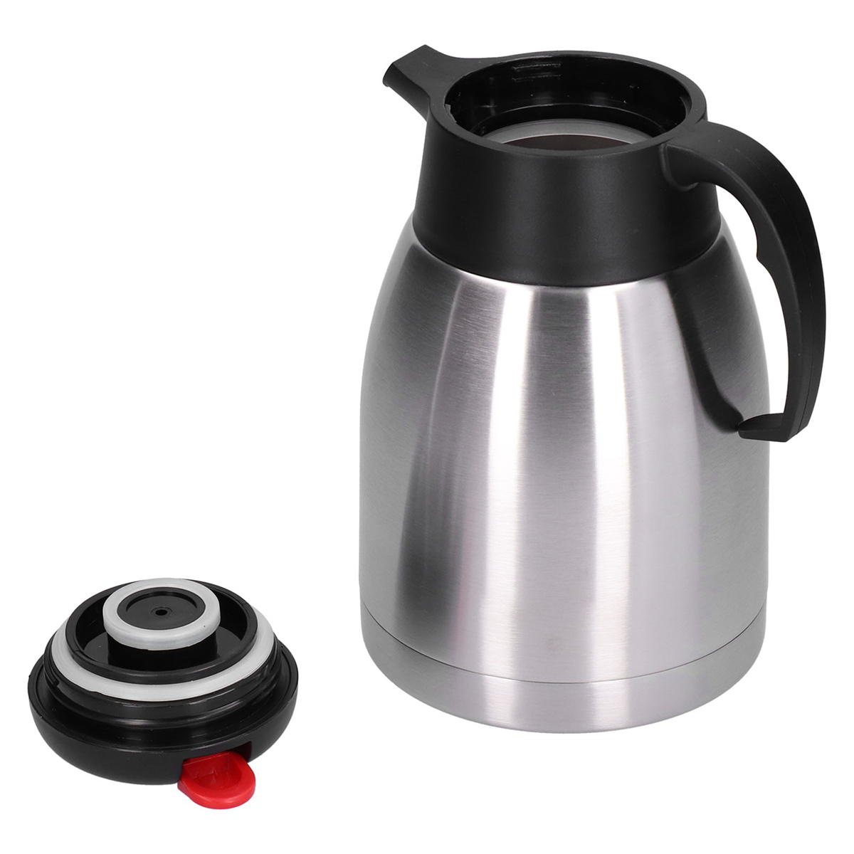Eine Edelstahl-Thermoskanne mit schwarzem Griff und Deckel, neben dem abgenommenen Deckel mit rotem Knopf.
