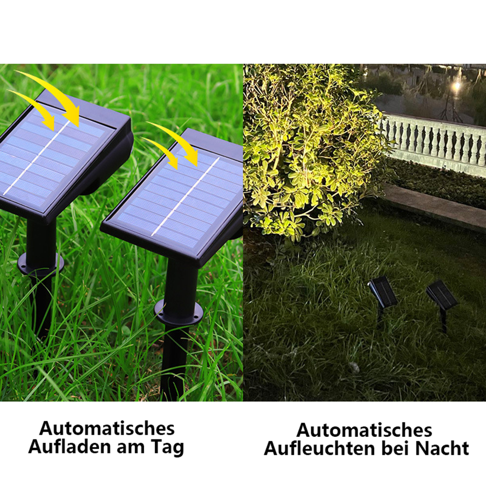 Solarpaneele laden tagsüber im Gras, mit Leuchtfunktion bei Nacht. Texte auf Deutsch: Automatisches Aufladen am Tag, Beleuchtung bei Nacht.