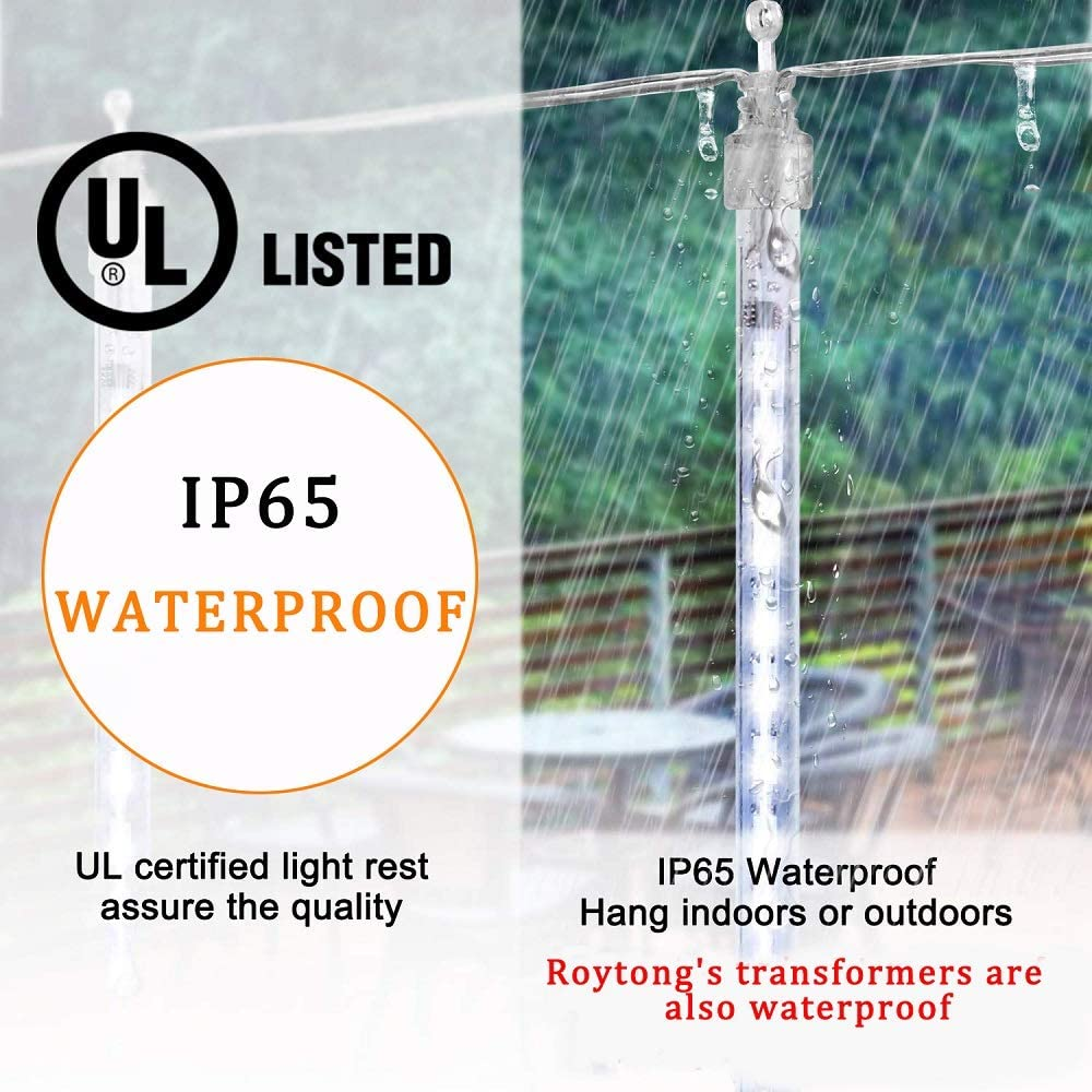 Das Bild zeigt ein UL-gelistetes, IP65 wasserdichtes Licht. Text besagt, dass es drinnen oder draußen aufgehängt werden kann. Roytongs Transformatoren sind auch wasserdicht.