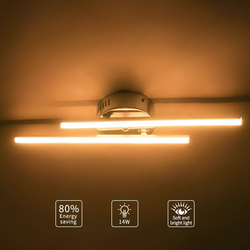Eine moderne Deckenleuchte mit zwei horizontalen LED-Streifen. Sie ist energiesparend und liefert weiches, helles Licht. Symbole zeigen Spezifikationen.