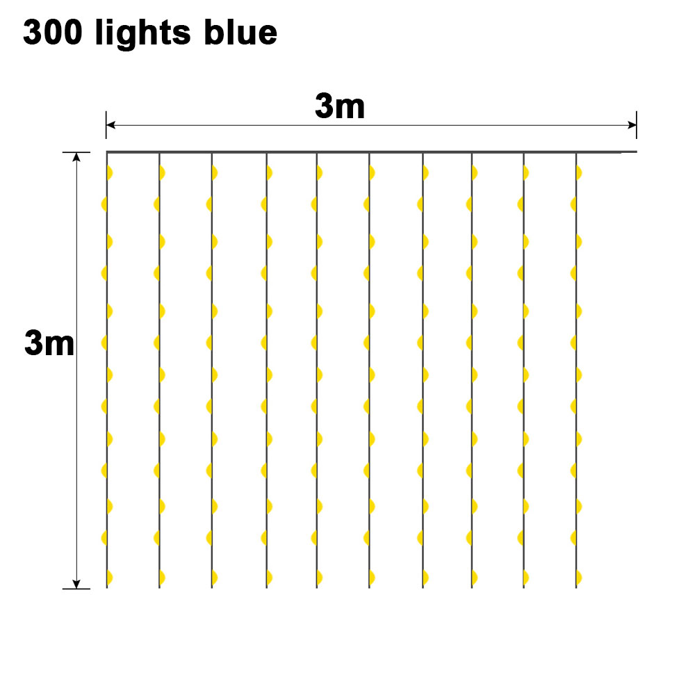 Das Bild zeigt ein 3x3m großes Raster aus gelben Lichtern. Der Text lautet '300 lights blue'. Die Abmessungen sind mit 3m angegeben.