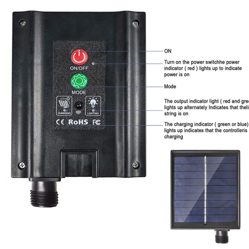 Schwarzes Solarpanel mit Bedienelementen. Roter Ein-/Aus-Knopf, grüner Modus-Knopf, Lade- und Beleuchtungsanzeigen.