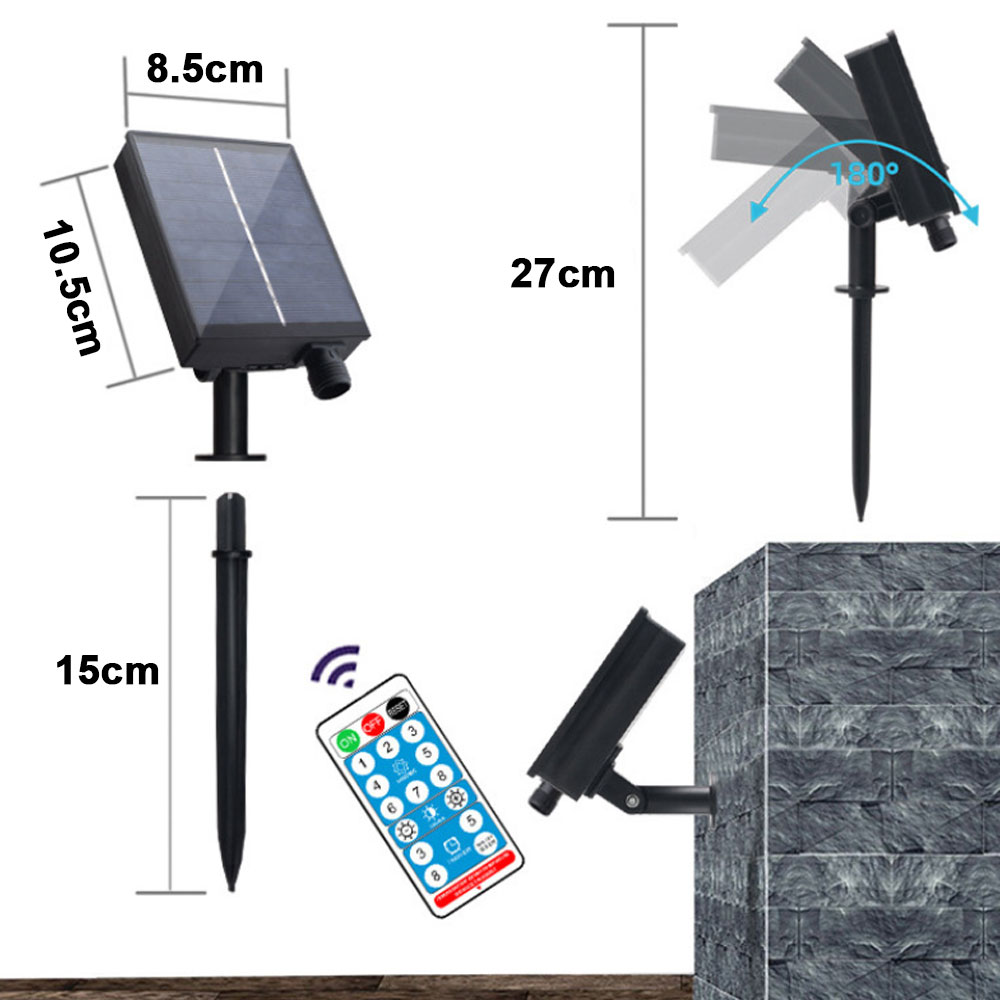 Solarpanel mit Fernbedienung. Abmessungen gezeigt. Panel ist verstellbar. Fernbedienung hat Knöpfe. Panel an Steinmauer befestigt.