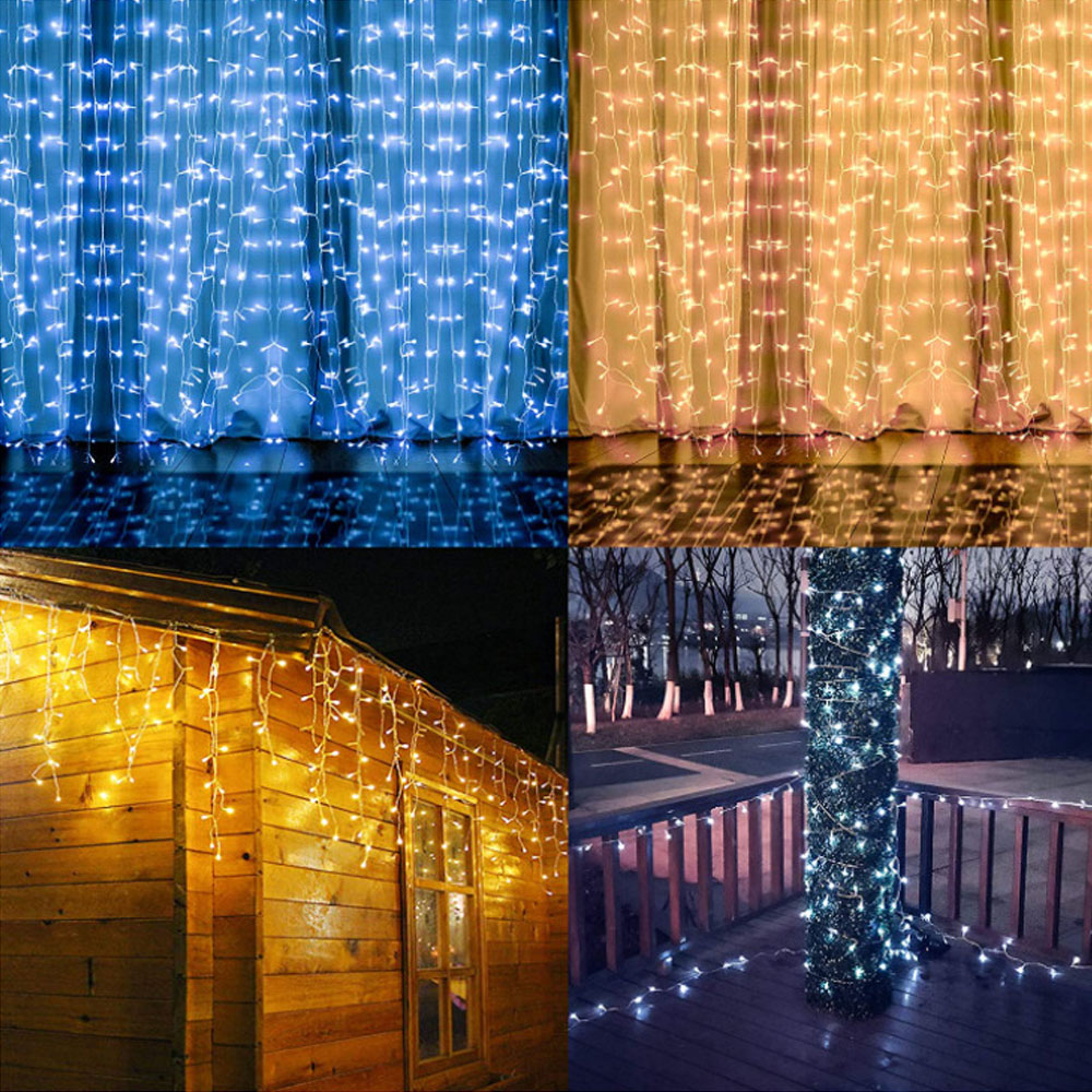 Vier Bilder mit dekorativen Lichterketten. Blaue, gelbe und weiße Lichter schmücken Vorhänge, ein Haus und einen Baum und schaffen eine festliche Atmosphäre.