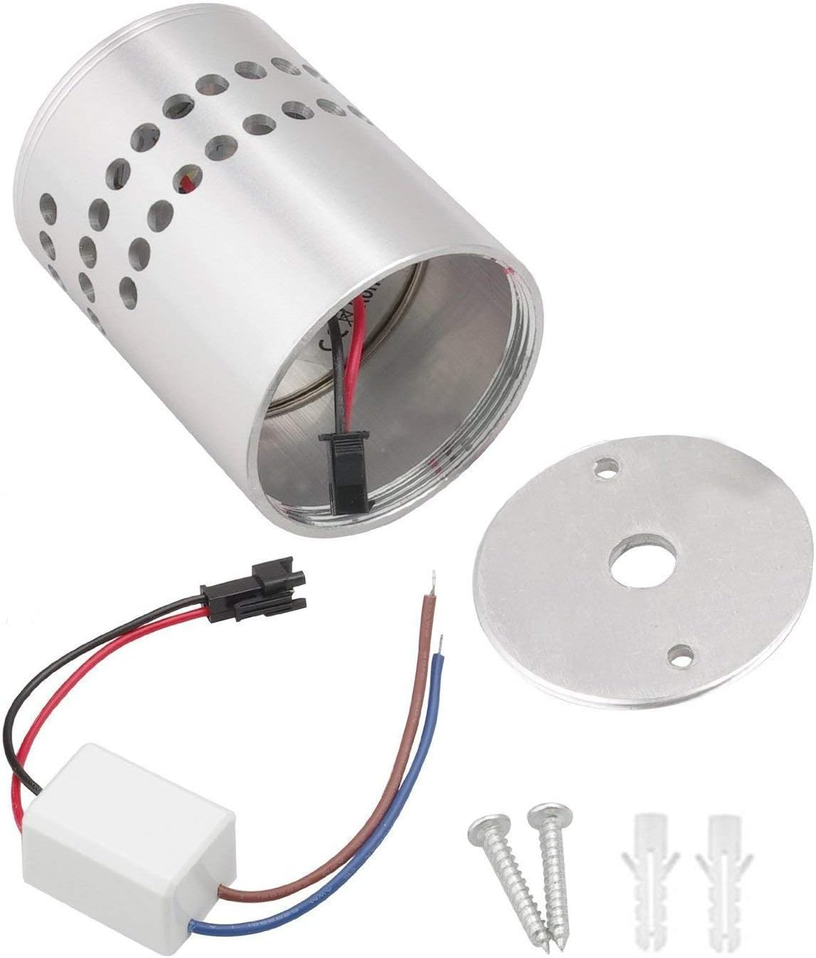 Zerlegte zylindrische LED-Leuchte. Enthält Leuchtenkörper, Netzteil, Drähte, Montageplatte, Schrauben und Wandanker.
